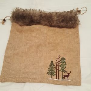 Sisal tree embroidered drawstring pouch faux fur